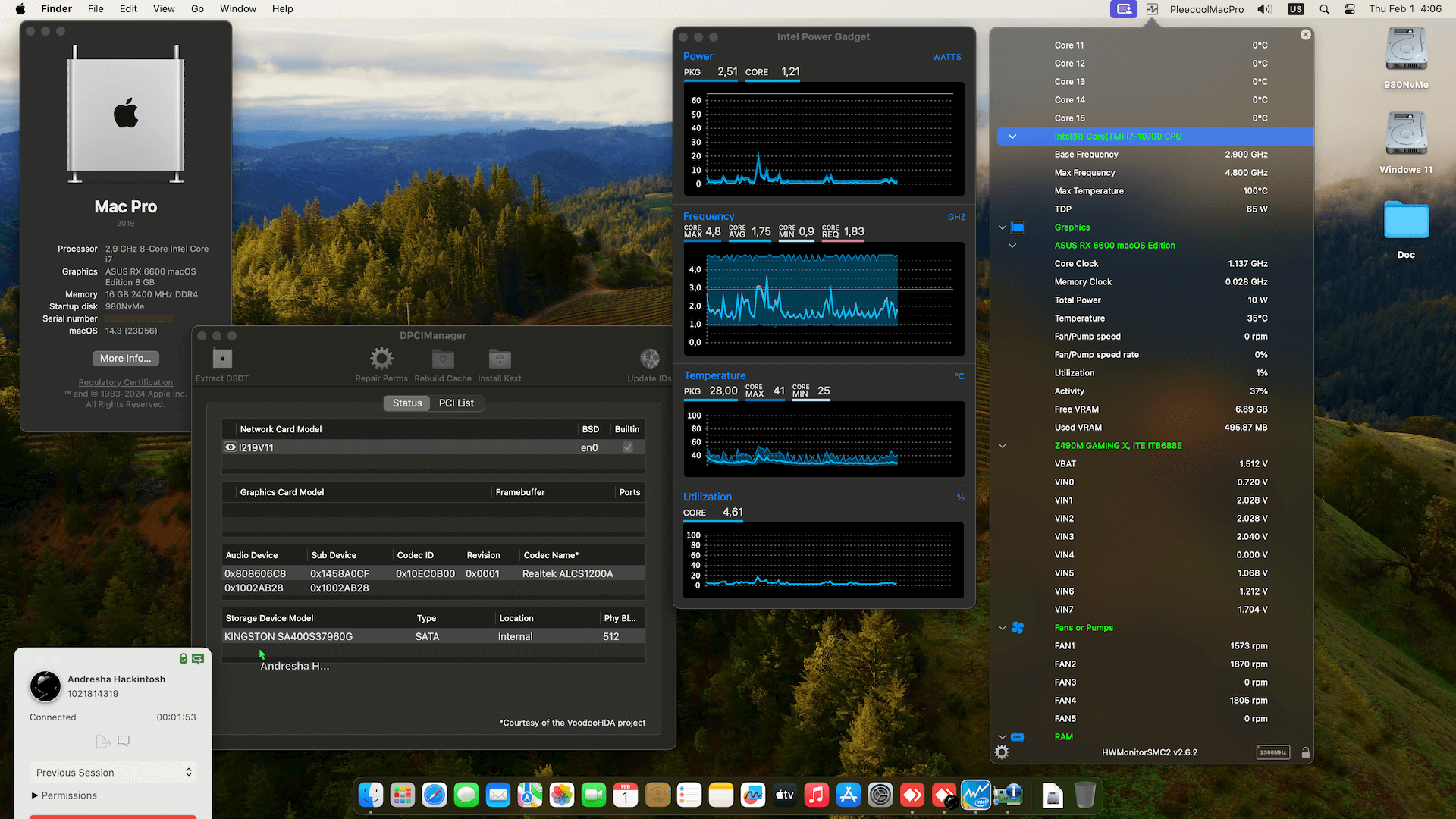 Success Hackintosh macOS Sonoma 14.3 Build 23D56 in Gigabyte Z490M Gaming X + Intel Core i7 10700 + Asus RX 6600